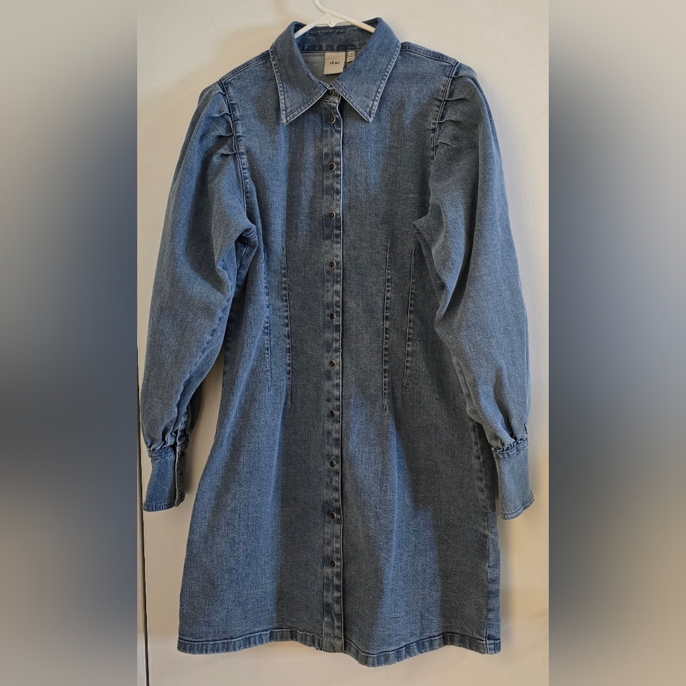 Ichi Long Sleeve Shirt Dress in Denim Blue - Picture 3 of 14